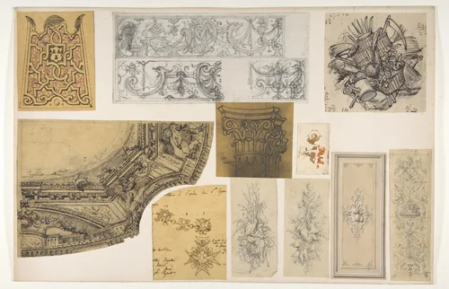 Eleven designs for the painted decoration of interiors by Jules-Edmond-Charles Lachaise, drawing, 1830-1897