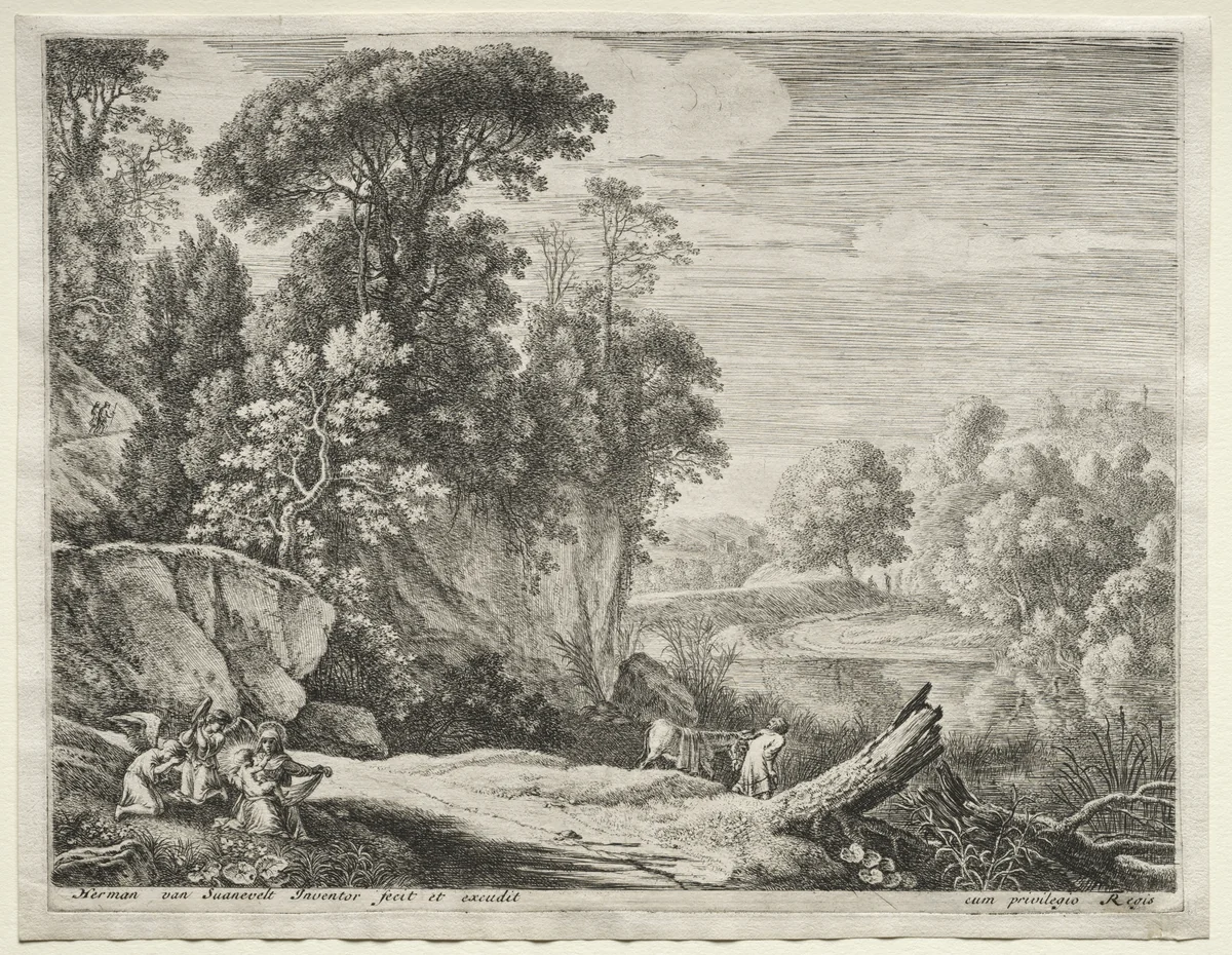 The Flight into Egypt: The Donkey Led to the River by Herman van Swanevelt, print, 1652-1654