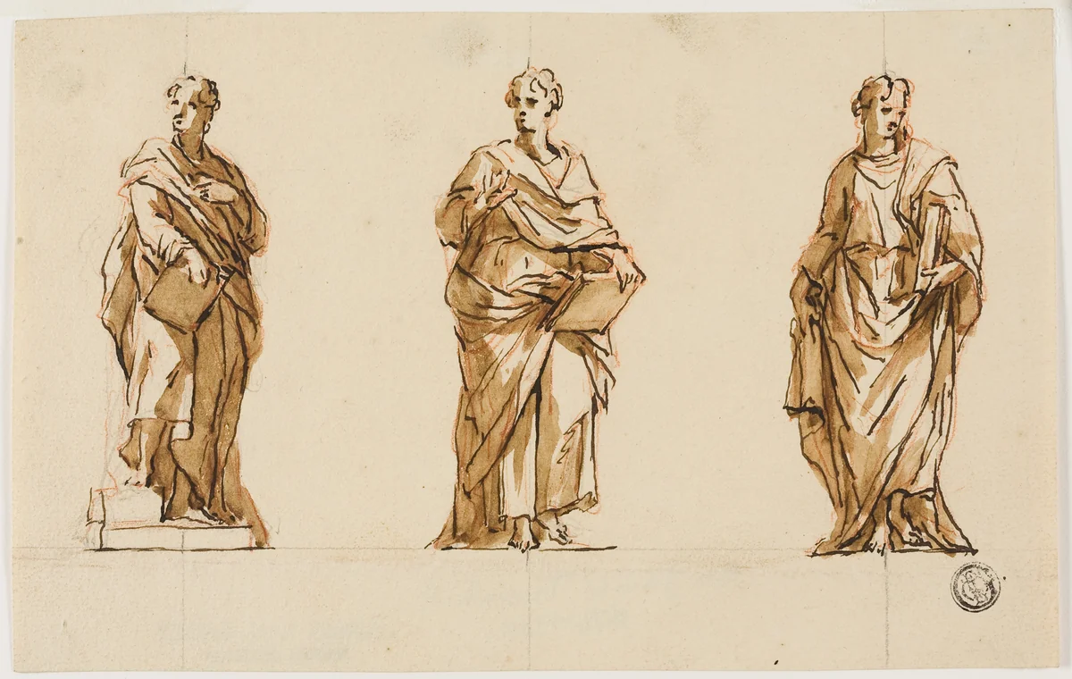 Three Studies for Statue of John Locke by John Michael Rysbrack, drawing, 1749-1759