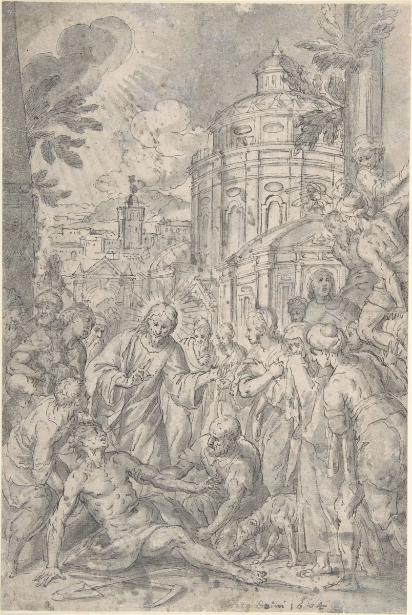 The Raising of the Youth of Naim by Georg Pecham, drawing, 1568-1604