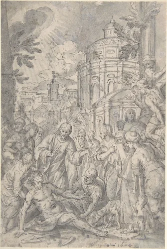 The Raising of the Youth of Naim by Georg Pecham, drawing, 1568-1604