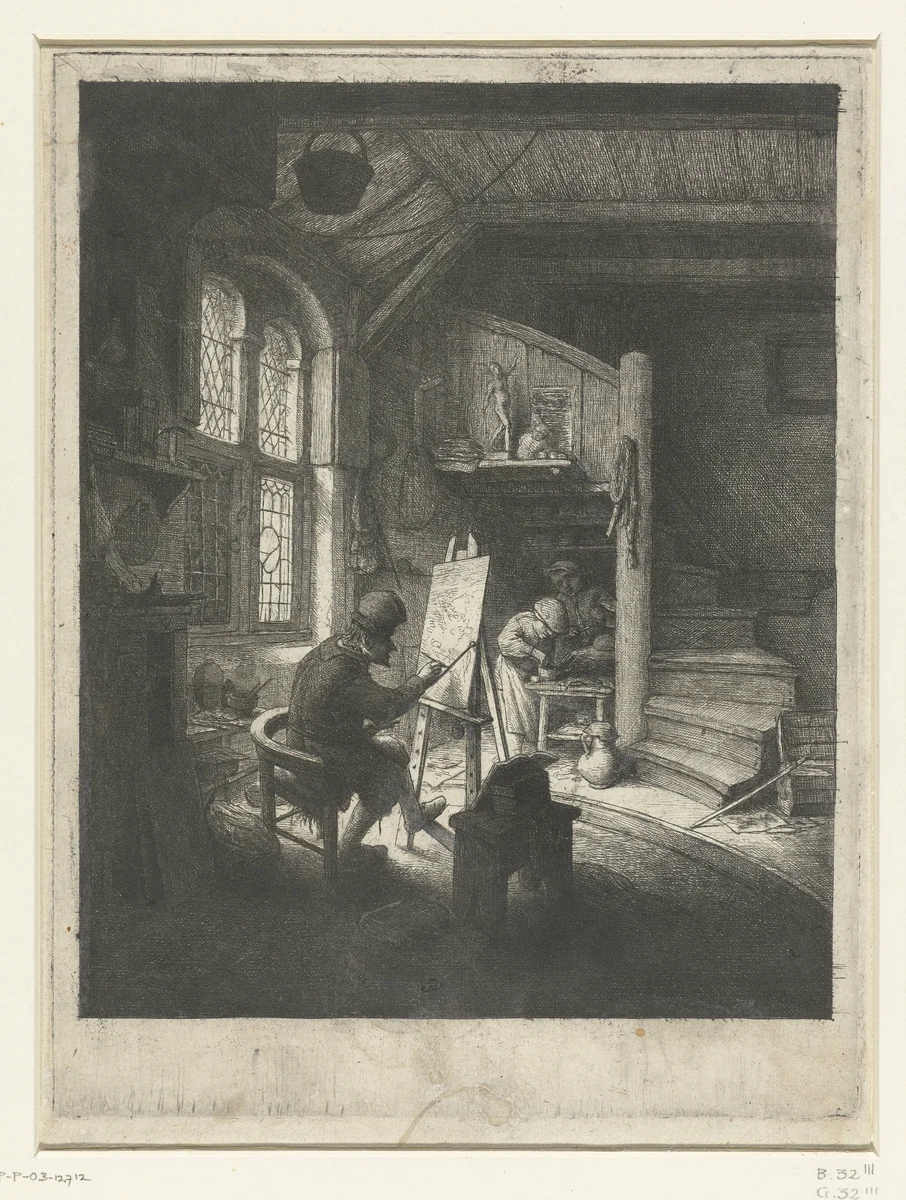 Painter in his Workshop by Adriaen van Ostade, print, 1645-1649