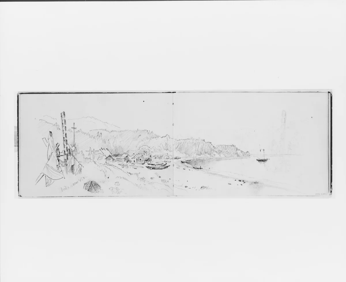 Bay Scene with Sailboat at Anchor (from Sketchbook X) by William Trost Richards, artwork, 1885