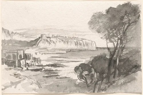 View across a Bay (Monaco) by Edward Lear, drawing, 1884-1885