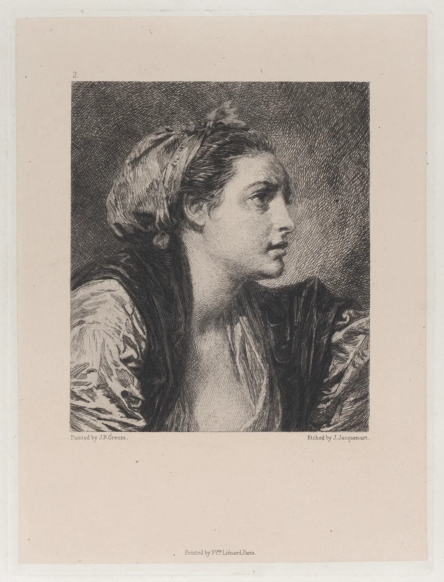 Head of a Woman, after Greuze by Jules Ferdinand Jacquemart, print, 1871