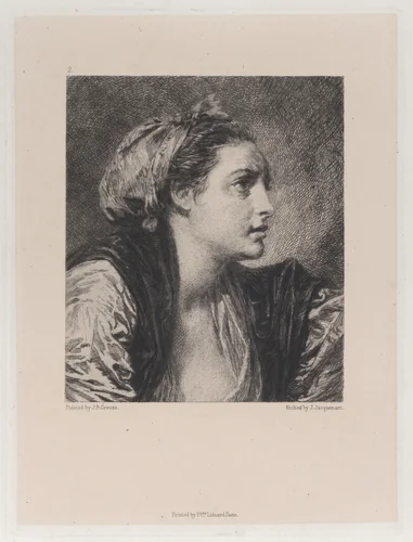 Head of a Woman, after Greuze by Jules Ferdinand Jacquemart, print, 1871