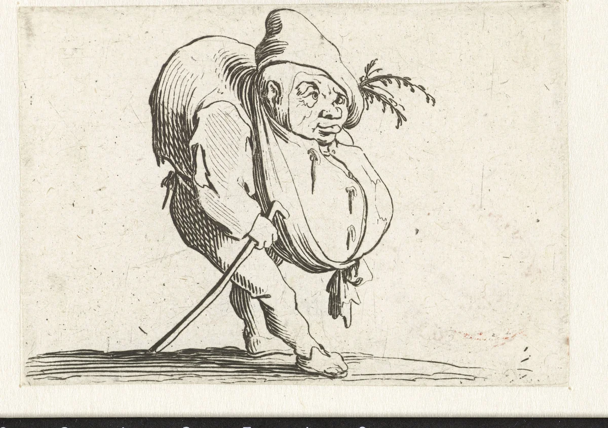 Kleine mens (karikatuur) met wandelstok by Jacques Callot, print, 1621-1625