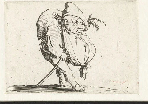 Kleine mens (karikatuur) met wandelstok by Jacques Callot, print, 1621-1625