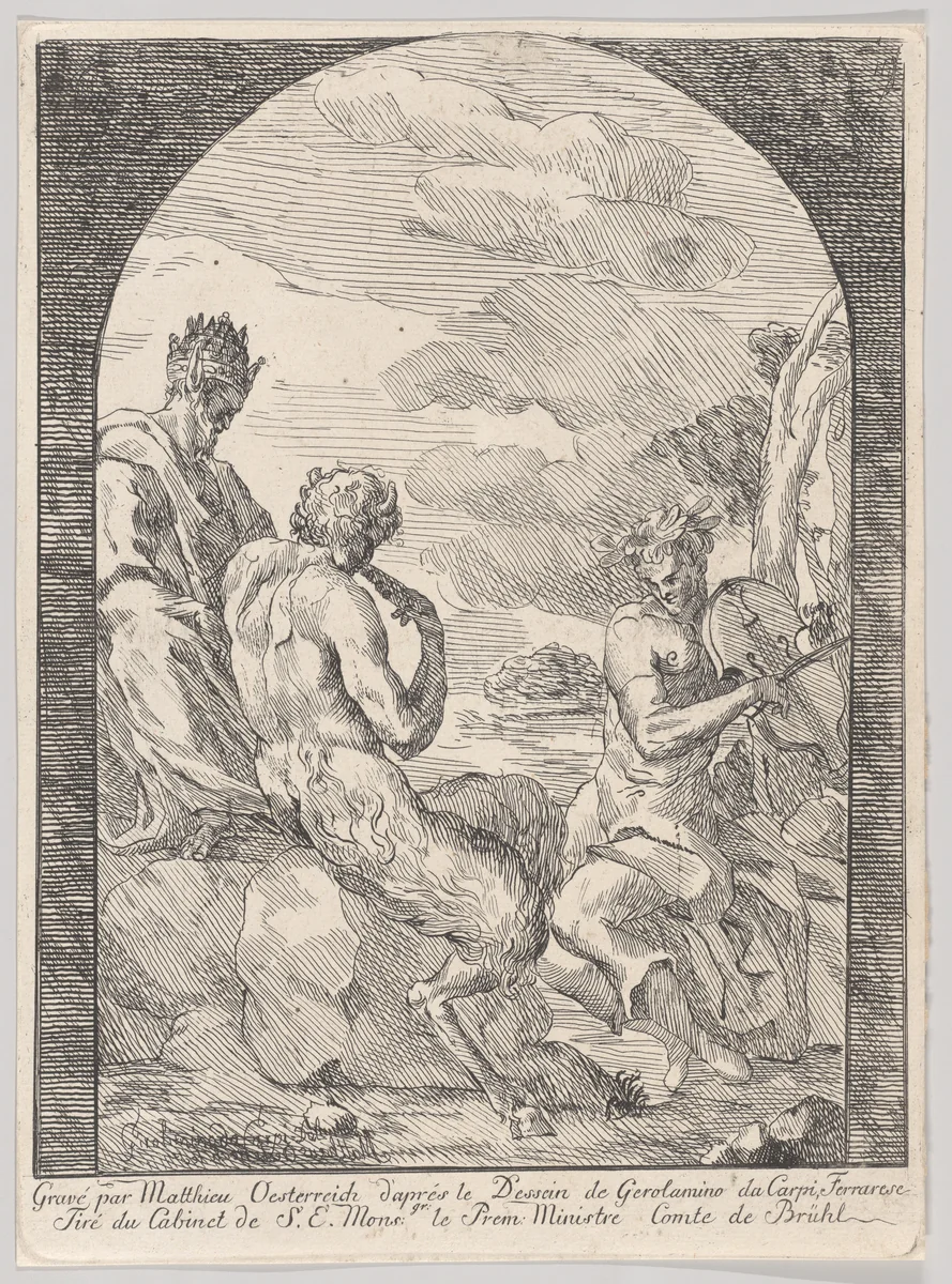 Contest between Apollo and Marsyas by Girolamo da Carpi, print, 1749-1759