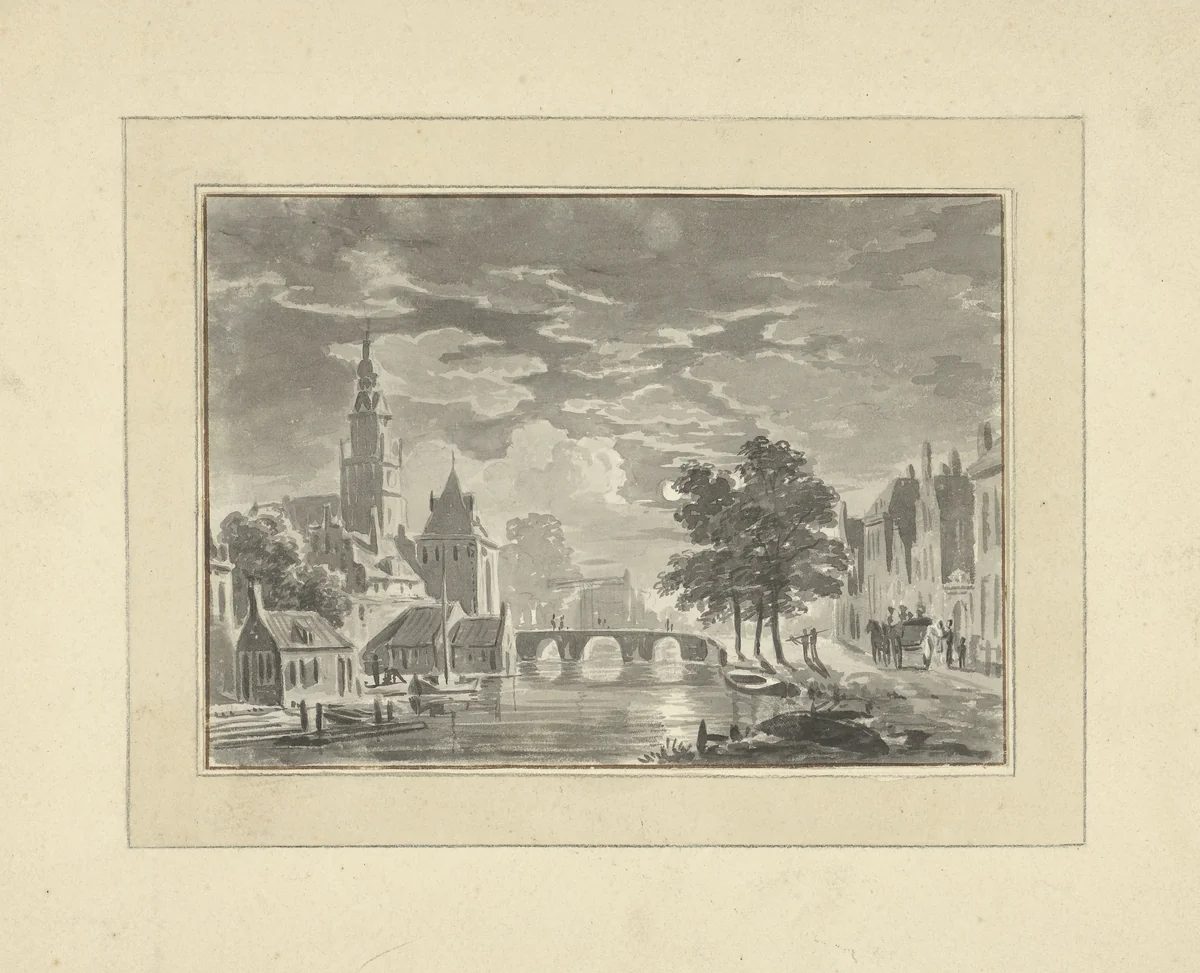 Stadsgezicht bij maanlicht by Bartholomeus van Hove, drawing, 1800-1826