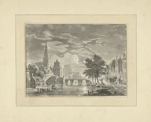 Stadsgezicht bij maanlicht by Bartholomeus van Hove, drawing, 1800-1826