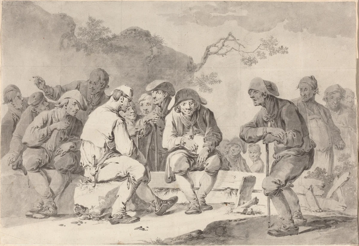 Self-Portrait with Country Folk from Appenzell by Tiberius Dominikus Wocher, drawing, 1798