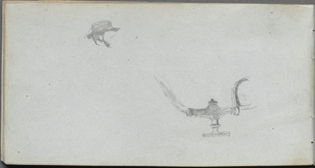 Sketchbook, page 26: Study of a Head and a Lamp by Ernest Meissonier, book, 1860-1869