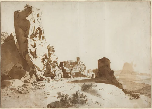 The Fantastic Rocks and Castle at Bomarzo [recto] by Bartholomeus Breenbergh, drawing, 1625