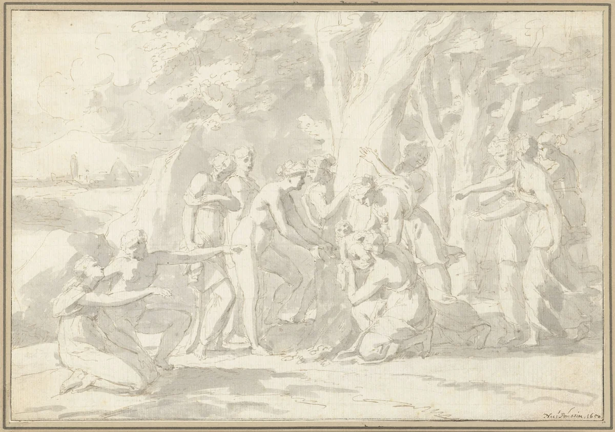 De geboorte van Adonis uit de in een boom veranderde Myrrha by Nicolas Poussin, drawing, 1650