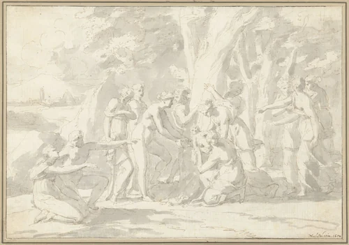 De geboorte van Adonis uit de in een boom veranderde Myrrha by Nicolas Poussin, drawing, 1650