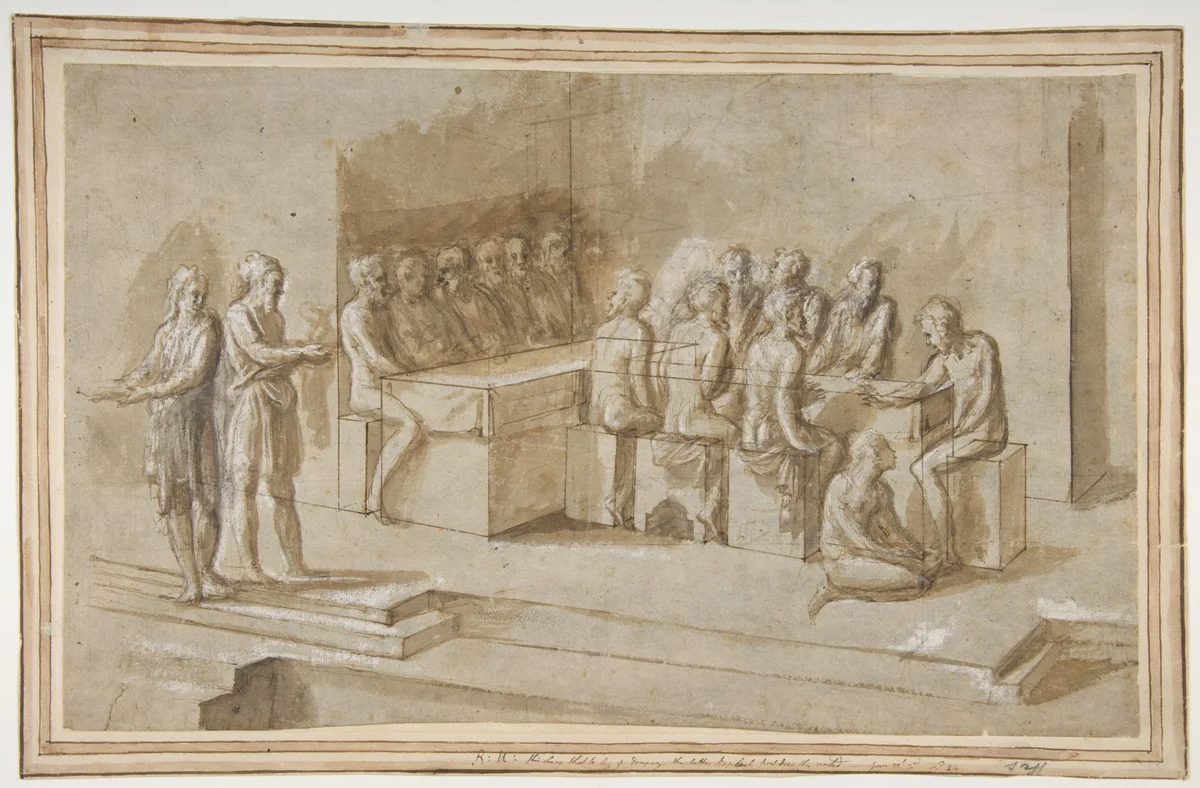 Penitent Woman Anointing the Feet of Christ at the Table of Simon the Pharisee (Luke 7:36-50) by Biagio Pupini, drawing, 1511-1551