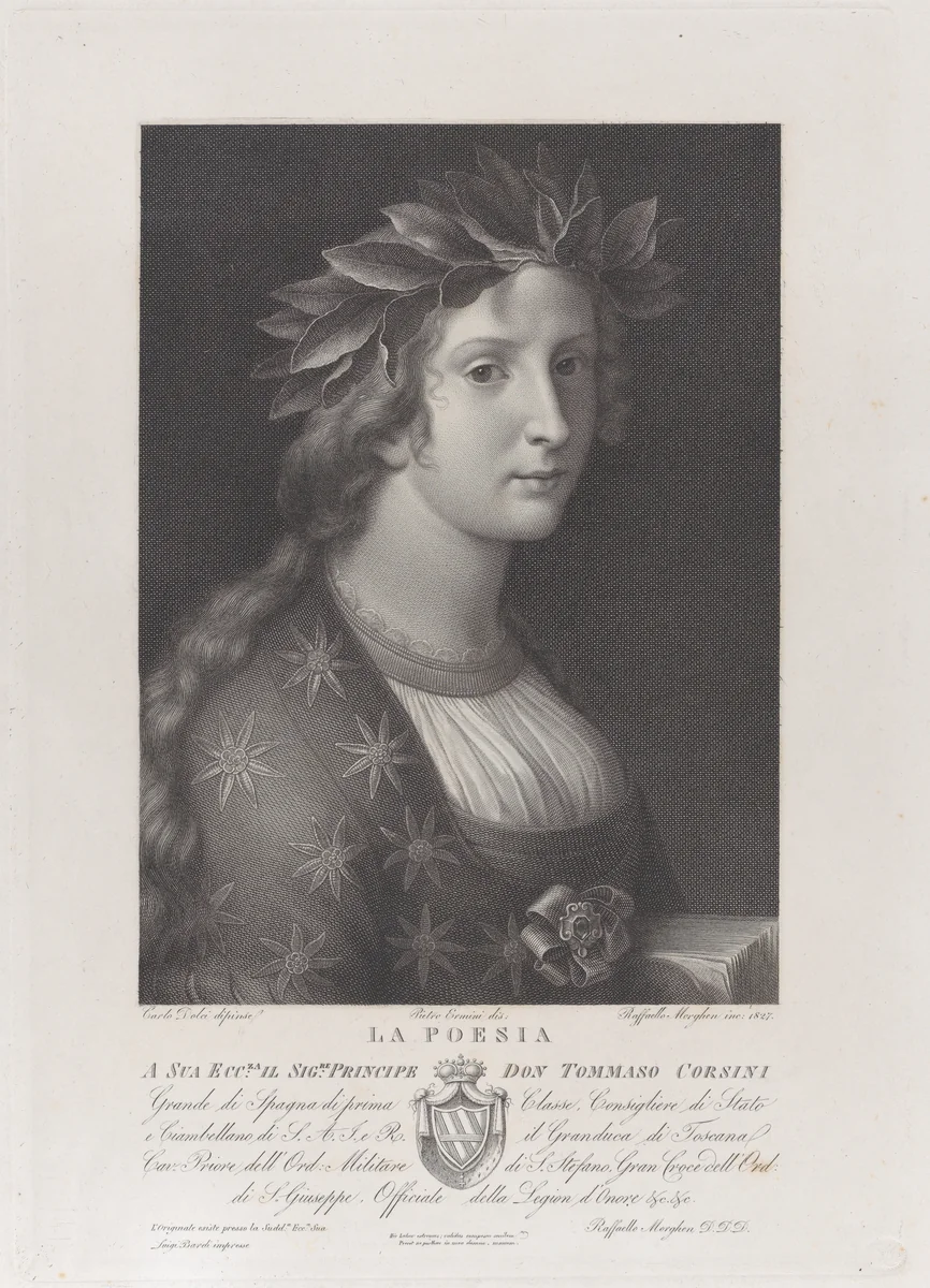 Poetry, a woman with a laurel crown by Raphael Morghen, print, 1827