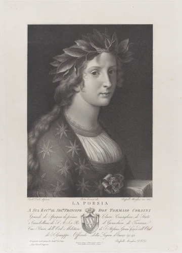 Poetry, a woman with a laurel crown by Raphael Morghen, print, 1827