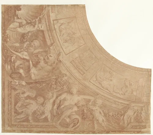 Ontwerp voor een hoekstuk van een plafond met zittende figuren, putti en buste van een sater by Mattheus Terwesten, drawing, 1680-1757