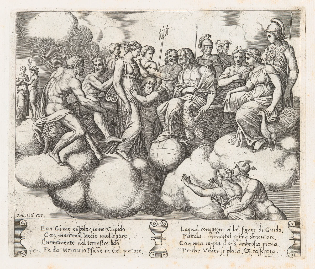 Plate 30: Venus and Cupid pleading their case before Jupiter and other Gods with Mercury transporting Psyche to the heavens at lower right, from "The Story of Cupid and Psyche as told by Apuleius" by Master of the Die, print, 1530-1560