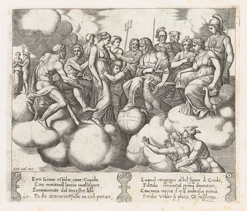 Plate 30: Venus and Cupid pleading their case before Jupiter and other Gods with Mercury transporting Psyche to the heavens at lower right, from "The Story of Cupid and Psyche as told by Apuleius" by Master of the Die, print, 1530-1560