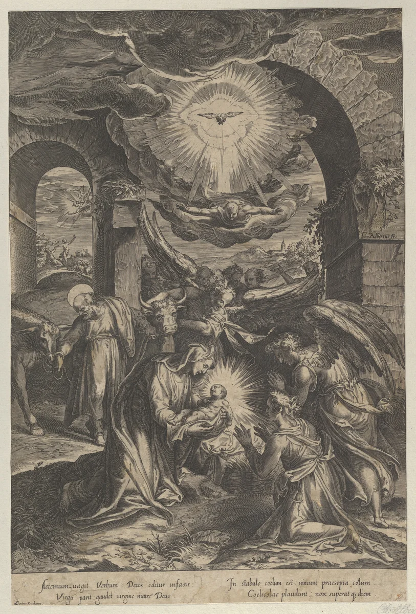 The Birth of Christ, who is held by the Virgin against a penumbra of light, adoring angels, and Joseph leading a donkey at left by Cherubino Alberti, print, 1570-1615
