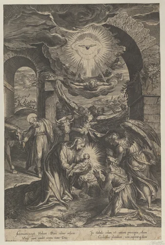 The Birth of Christ, who is held by the Virgin against a penumbra of light, adoring angels, and Joseph leading a donkey at left by Cherubino Alberti, print, 1570-1615