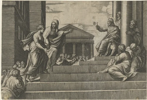 Marta leidt Maria Magdalena naar prekende Christus by Marcantonio Raimondi, print, 1518-1527