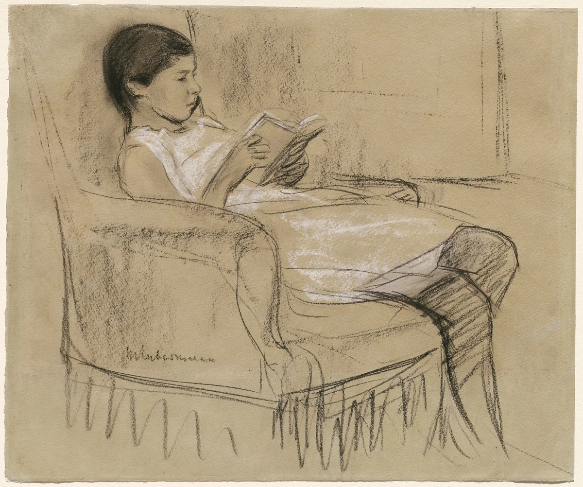 The Artist's Daughter Käthe Reading in a Chair by Max Liebermann, drawing, 1893-1895