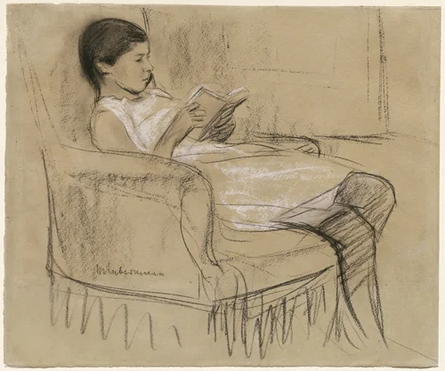 The Artist's Daughter Käthe Reading in a Chair by Max Liebermann, drawing, 1893-1895