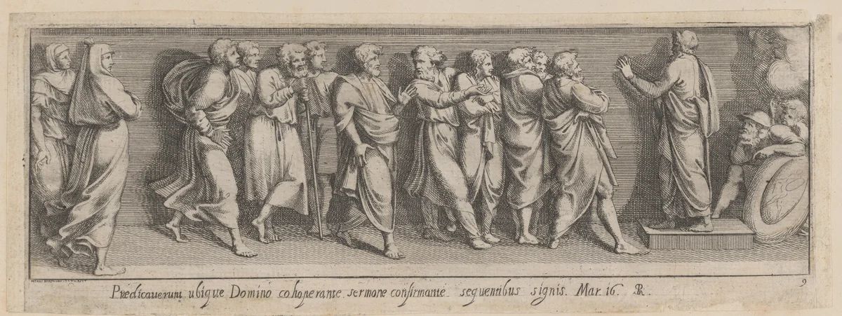 Plate 9: Joshua, standing at right, speaks to the people of Israel, after a lost fresco in the basamento of Bay 10 of the Vatican Loggia by Pietro Santi Bartoli, print, 1650-1677