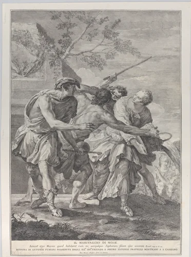 Moses defending the daughters of Jethro by Pietro Monaco, print, 1732-1750