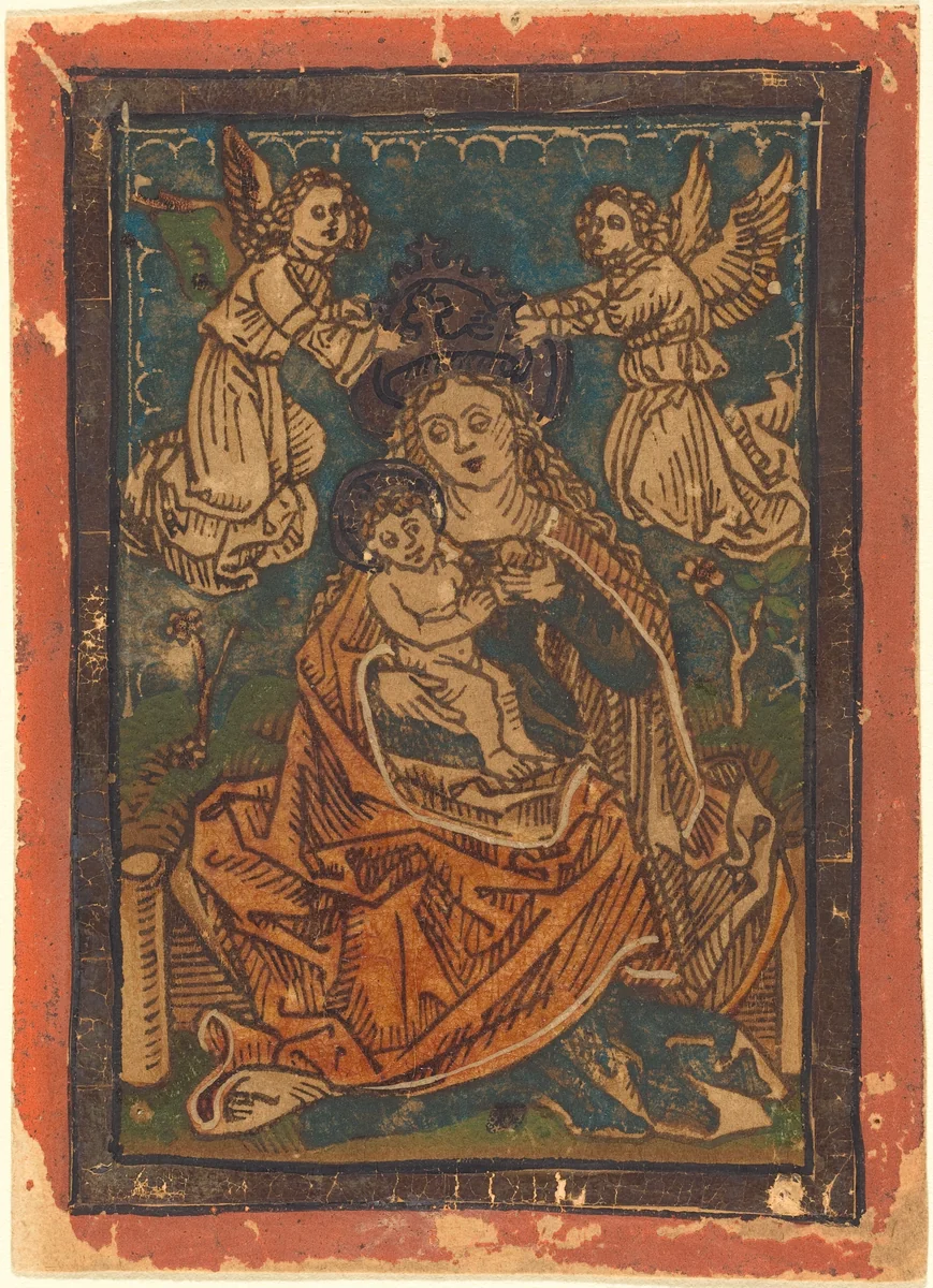 Madonna and Child Seated on a Grassy Bank with Angels by German 15th Century, print, 1480-1490