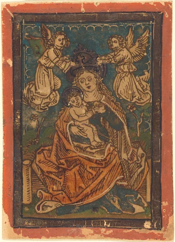 Madonna and Child Seated on a Grassy Bank with Angels by German 15th Century, print, 1480-1490
