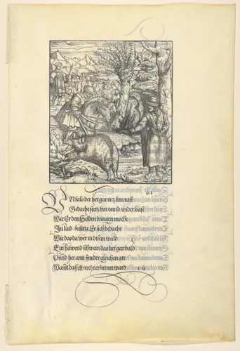 Theuerdarnk on a Boar Hunt, from [Theuerdank] Die geuerlicheiten vnd einsteils der geschichten des loblichen streytparen vnd hochberümbten helds vnd Ritters herr Tewrdannckhs by Hans Burgkmair, print, 1517