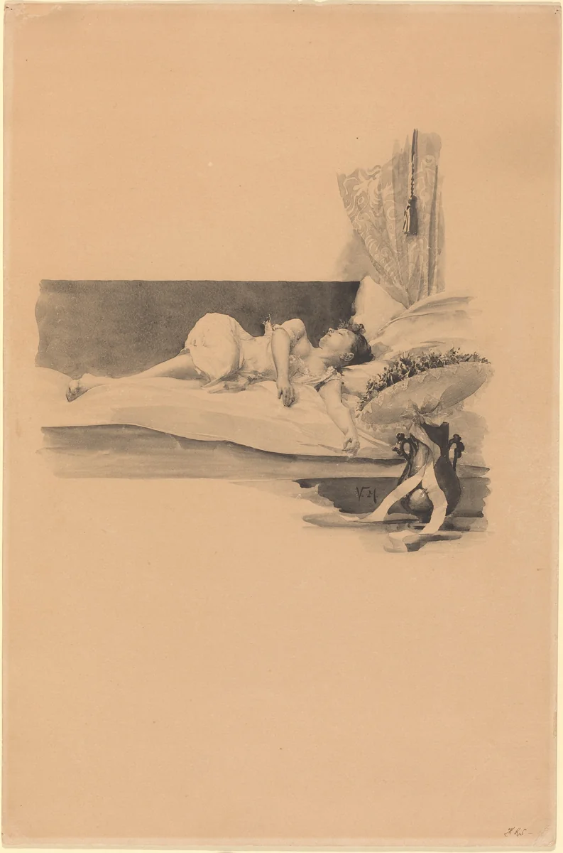 Illustration for "Jestrab Kontra Hrdlicka, XXII" (Girl asleep on a bed) by Karel Vitezslav Masek, drawing, 1880-1900