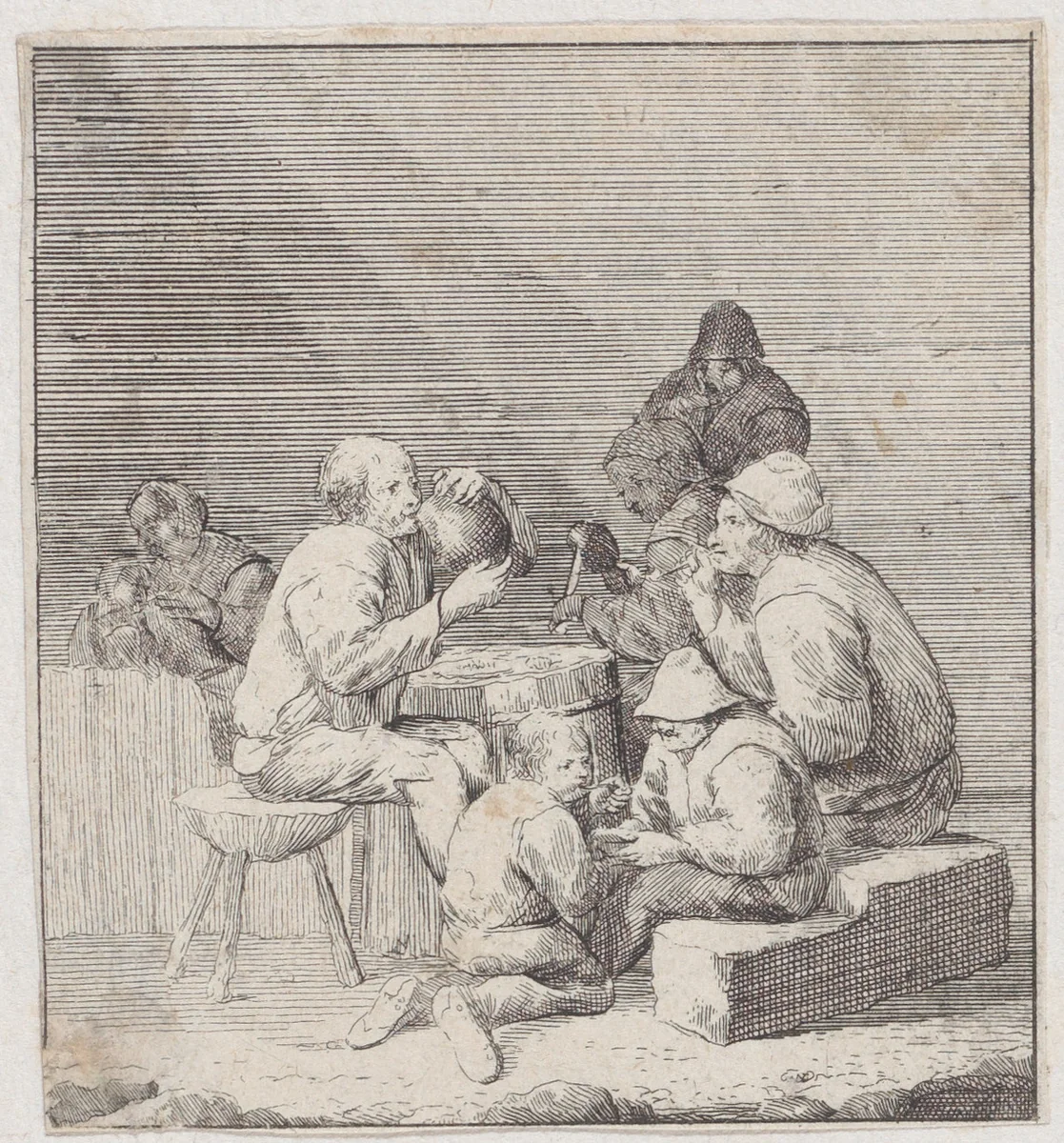 Man drinking from a pitcher by Jacques Dassonville, print, 1635-1675