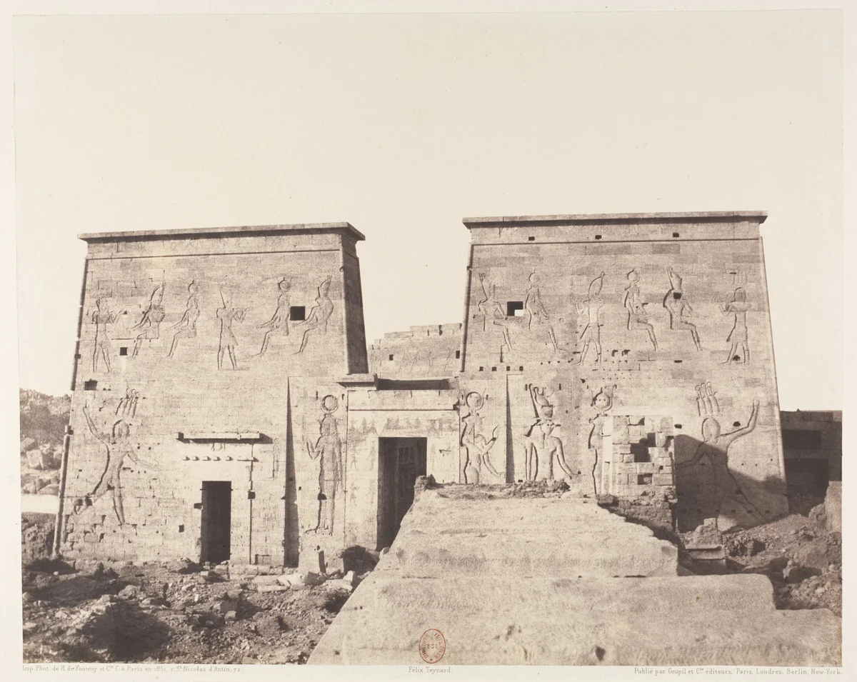 Ile de Fîleh (Philæ), Premier Pylône - Vue Prise de la Plate-Forme de la Colonnade Orientale en P by Félix Teynard, photograph, 1851-1852