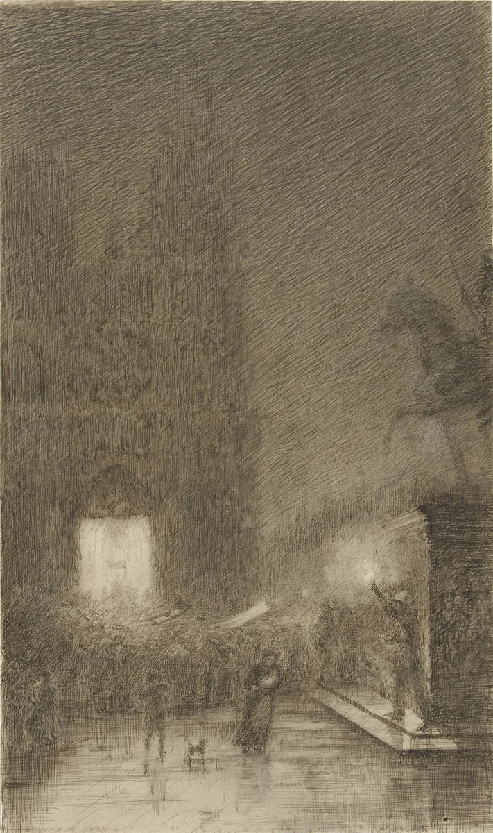 Samenscholing bij avond voor een kathedraal by Félix Hilaire Buhot, drawing, 1857-1898