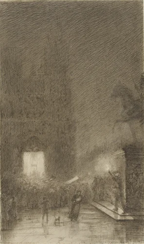 Samenscholing bij avond voor een kathedraal by Félix Hilaire Buhot, drawing, 1857-1898