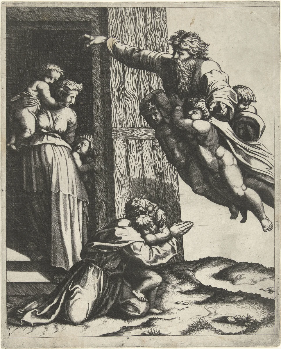 God verschijnt aan Noach na de zondvloed by anonymous, print, 1513-1565
