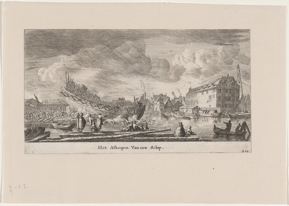 The Launch of a Ship by Reinier Nooms, print, 1647-1657
