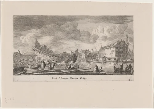 The Launch of a Ship by Reinier Nooms, print, 1647-1657