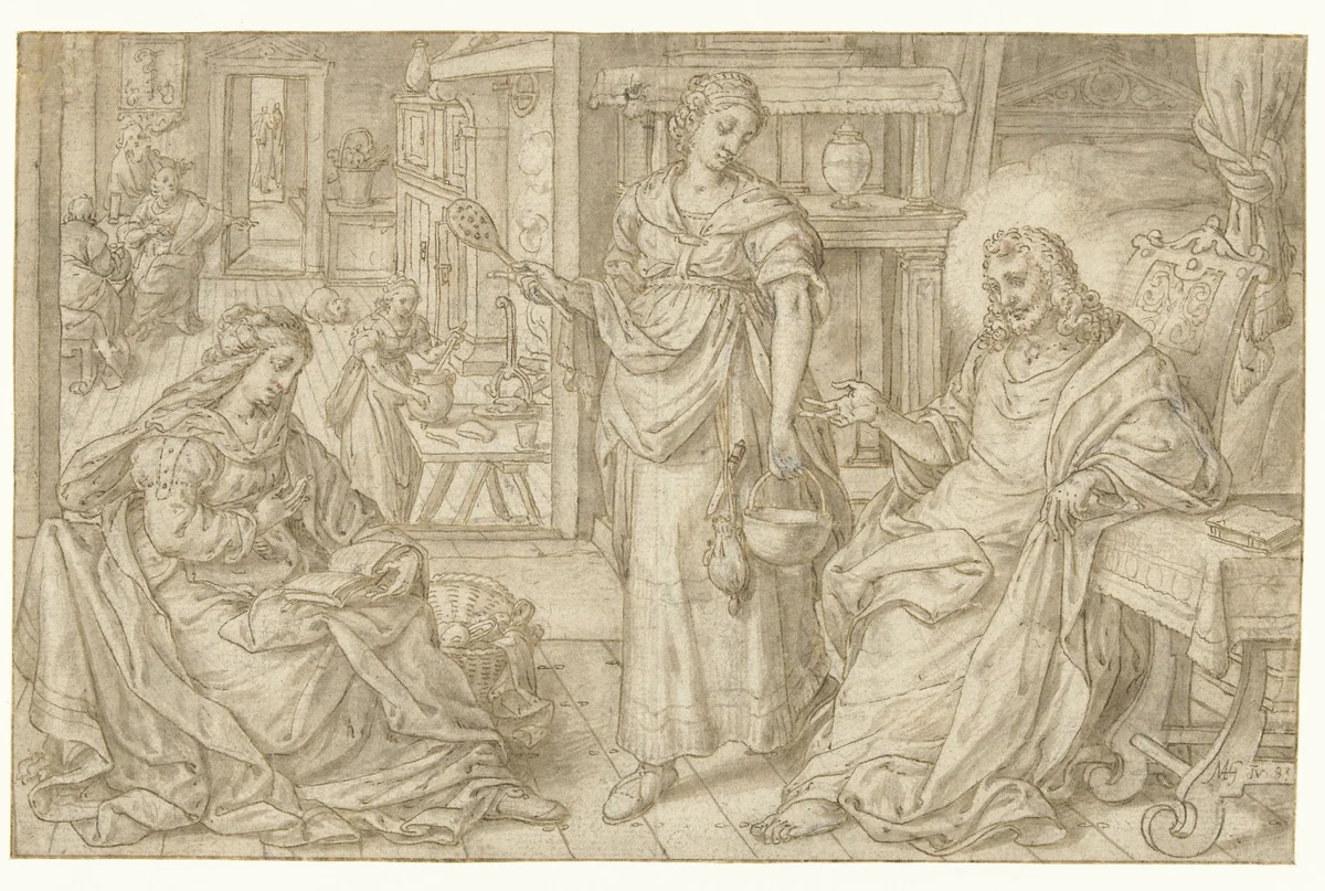 Christus in het huis van Maria en Martha by Marcus Gheeraerts, drawing, 1583
