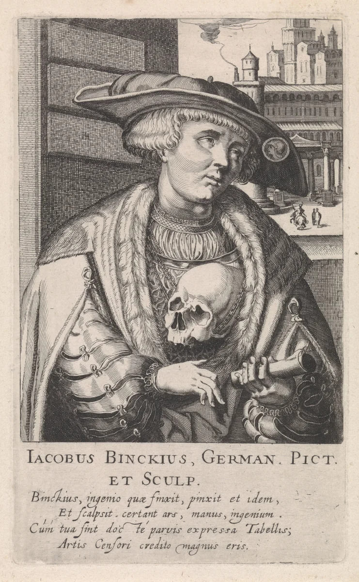 Portret van Jakob Binck by Simon Frisius, print, 1610