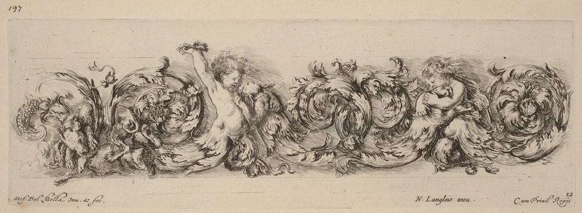 Ornamental Frieze with Children and Dogs by Stefano della Bella, print, 1648