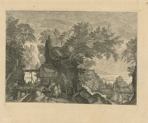 Rotslandschap met twee ruiters by Aegidius Sadeler, print, 1597-1629