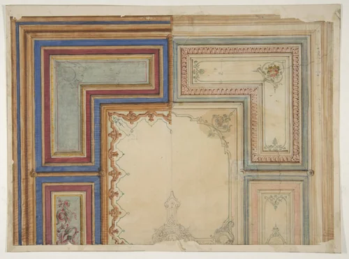 Two alternative designs for the painted decoration of a ceiling by Jules-Edmond-Charles Lachaise, drawing, 1830-1897