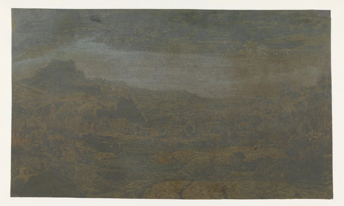 Vallei met een rivier en een stad met vier torens by Hercules Segers, print, 1626-1627